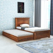 GANPATI ARTS Sheesham Wood Armania Single Size Trundle Bed with 1 Extra Pullout Bed Storage Wooden Bed Furniture for Bedroom Living Room Home Hostel (Natural Finish)