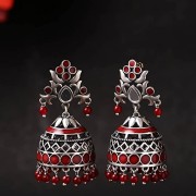Voylla Brass Silver Oxidised Plating Rangabati Pink Embellishments Jhumka Earrings with Pearl Beads for Women and Girls