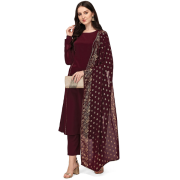 FIORRA Women's Maroon Poly Crepe A-line Kurta with Pant and Dupatta