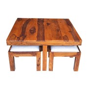 Aasaliya Art Solid Sheesham Wood Coffee Table With 4 Stool | Square Centre Table With Stool | Center Table With 4 Stools For Living Room | Patio Table With 4 Puffy For Home | Hotel Lounge Table | Rosewood, Natural Teak Finish