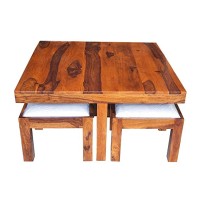 Aasaliya Art Solid Sheesham Wood Coffee Table With 4 Stool | Square Centre Table With Stool | Center Table With 4 Stools For Living Room | Patio Table With 4 Puffy For Home | Hotel Lounge Table | Rosewood, Natural Teak Finish