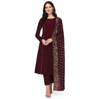 FIORRA Women's Maroon Poly Crepe A-line Kurta with Pant and Dupatta