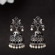 Voylla Brass Silver Oxidised Plating Rangabati Pink Embellishments Jhumka Earrings with Pearl Beads for Women and Girls