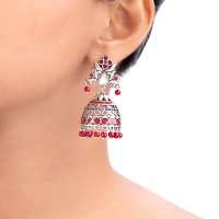 Voylla Brass Silver Oxidised Plating Rangabati Pink Embellishments Jhumka Earrings with Pearl Beads for Women and Girls