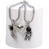 UNIQUE COLLECTION 2 Pcs Stainless Steel Couples Necklaces star gazing Spaceman With Magnetic Heart Matching Couple Necklaces